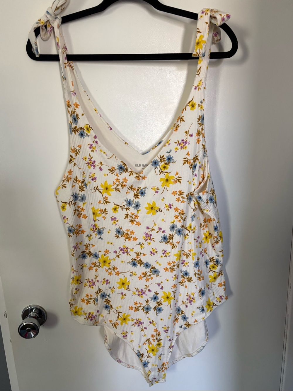 Old Navy White Floral Tie-Shoulder Ribbed Tank Bodysuit